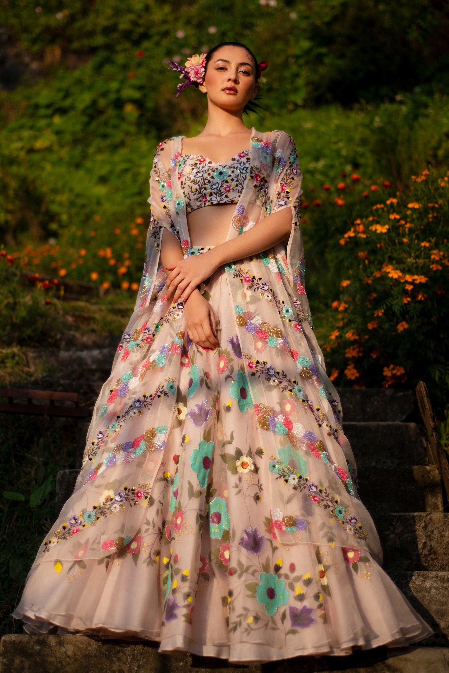 Baavli luxury designer store at Khan Market, New Delhi. Indian wedding, lehenge, Bride, Indian bride, bridesmaid. Gulbahar, Organza Skirt / Chanderi Top / Organza Cape, Hand-painted Skirt, Hand-embroidered Top, Hand-embroidered Cape.