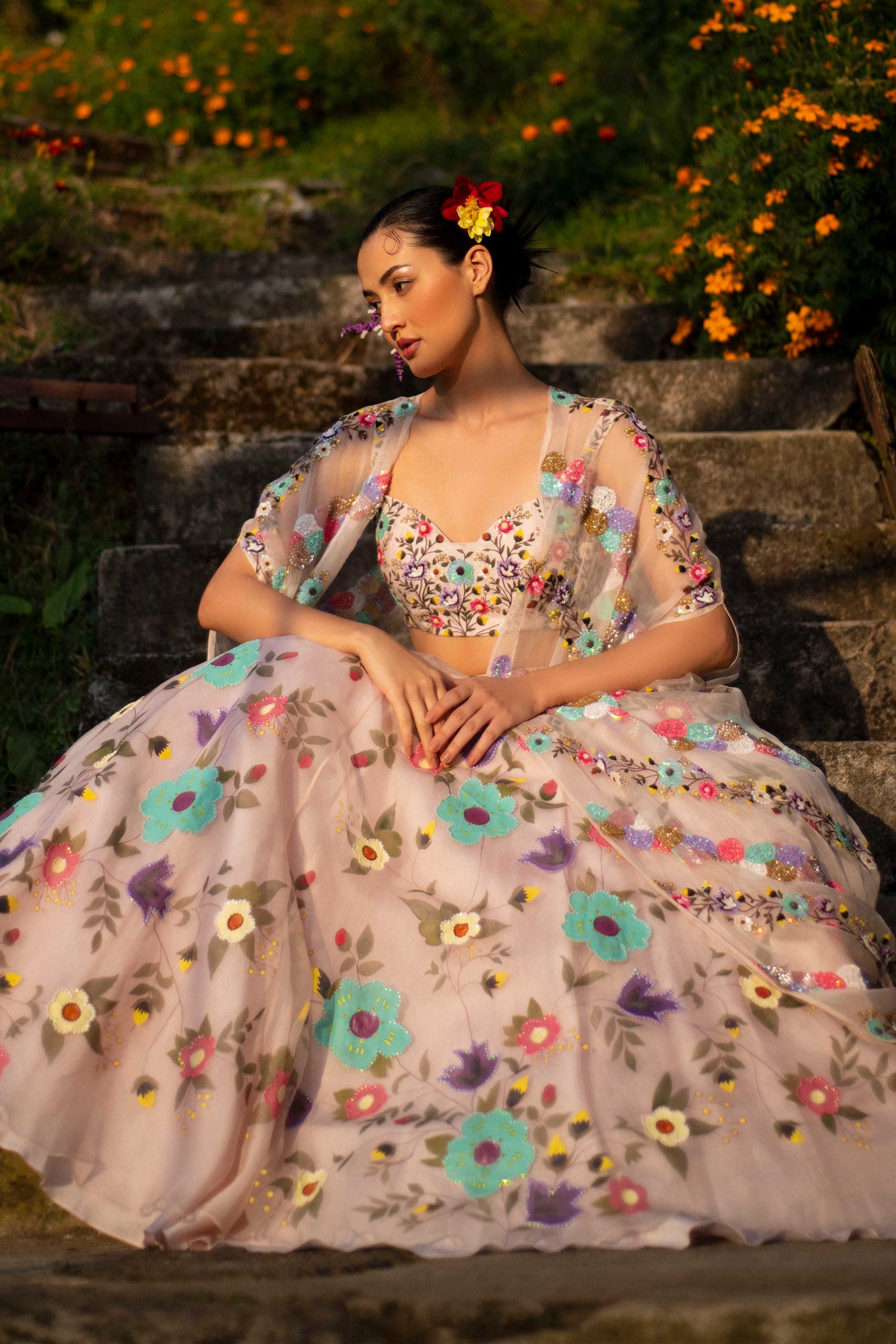 Baavli luxury designer store at Khan Market, New Delhi. Indian wedding, lehenge, Bride, Indian bride, bridesmaid. Gulbahar, Organza Skirt / Chanderi Top / Organza Cape, Hand-painted Skirt, Hand-embroidered Top, Hand-embroidered Cape.