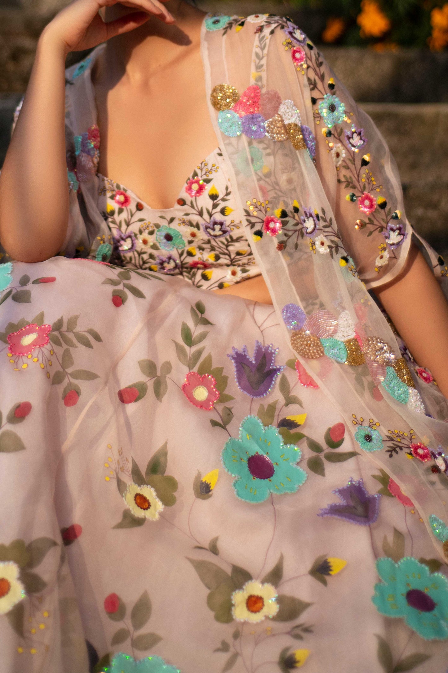 Baavli luxury designer store at Khan Market, New Delhi. Indian wedding, lehenge, Bride, Indian bride, bridesmaid. Gulbahar, Organza Skirt / Chanderi Top / Organza Cape, Hand-painted Skirt, Hand-embroidered Top, Hand-embroidered Cape.