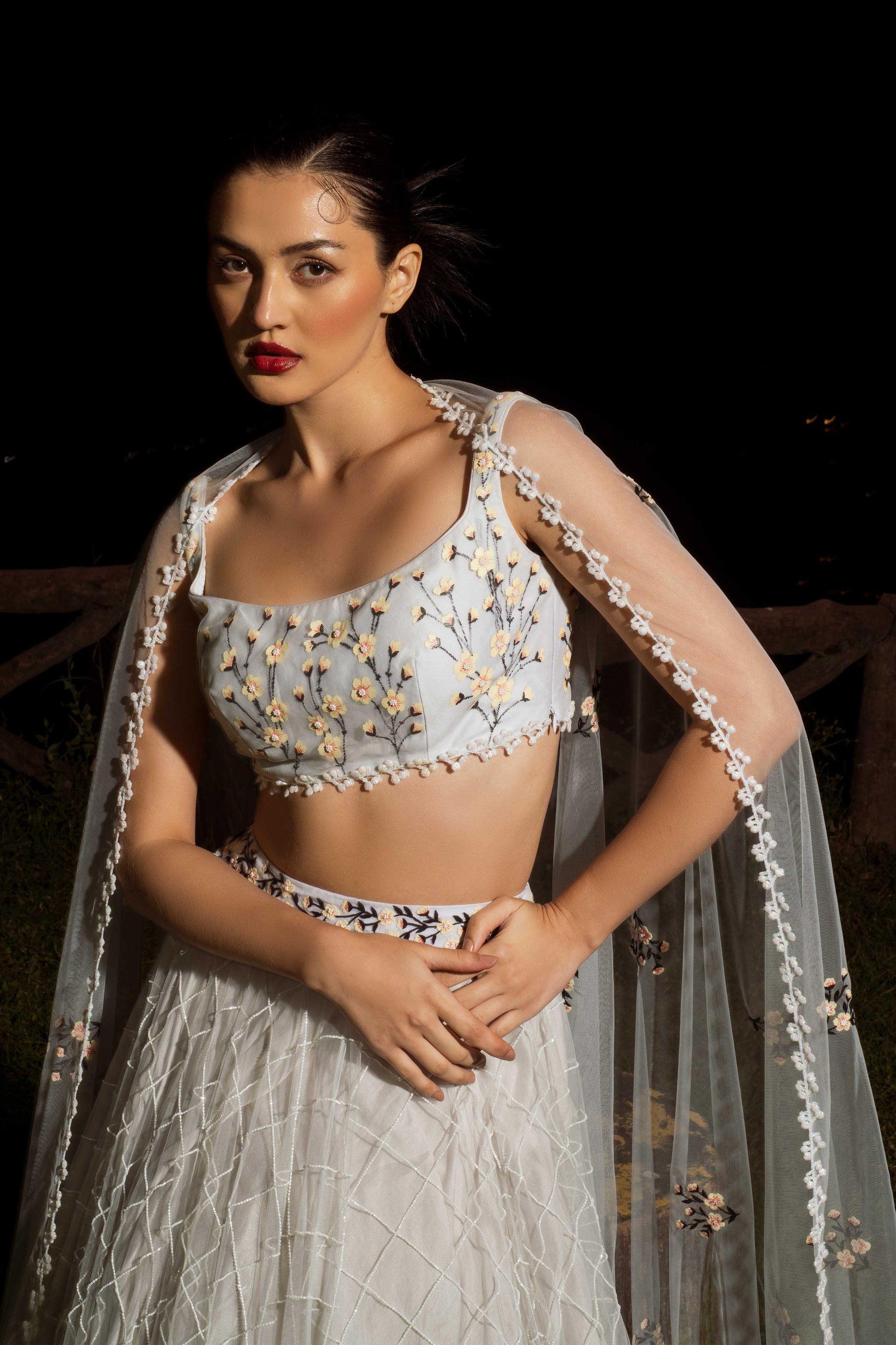 Baavli luxury designer store at Khan Market, New Delhi. Indian wedding, lehenge, Bride, Indian bride, bridesmaid. White lehenga set. Expensive. Summer spring. Bahaar 2024. Fitoor skirt set.