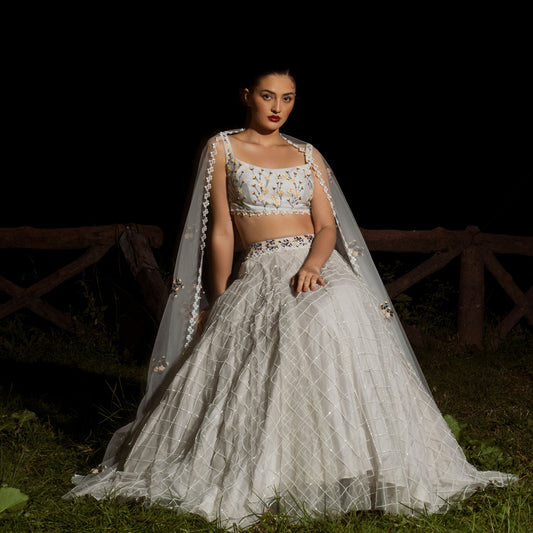 Baavli luxury designer store at Khan Market, New Delhi. Indian wedding, lehenge, Bride, Indian bride, bridesmaid. White lehenga set. Expensive. Summer spring. Bahaar 2024. Fitoor skirt set.