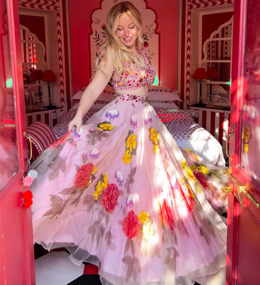 Woman in a floral dress with LED lights in a decorated room.


Foreigner wearing Baavli's pink lehenga set. Celebrity. luxury designer store, New Delhi.
Indian wedding, lehenge, Bride, Indian bride, bridesmaid, Suit sets, Kaftan, sharara, jacket, kurta.
baavli launching its new collection,

Villa Palladio Jaipur