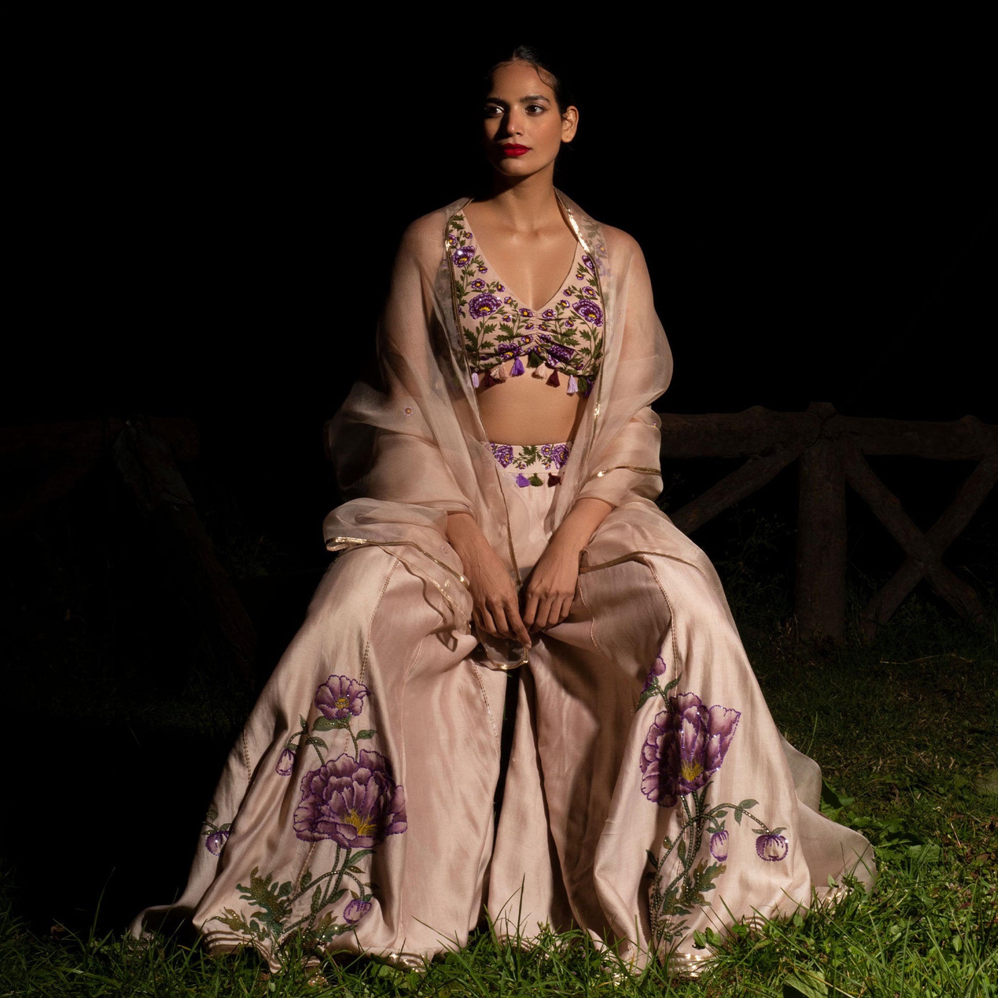 Baavli luxury designer store at Khan Market, New Delhi. Indian wedding, lehenge, Bride, Indian bride, bridesmaid. Saanjh Sharara Set. hand Painted, Hand Embroidered.