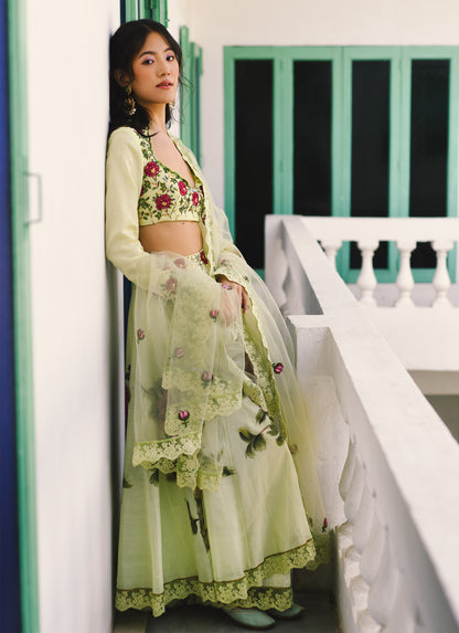 Woman in a light green traditional outfit with floral patterns standing indoors.

Baavli luxury designer store, New Delhi.
Indian wedding, lehenge, Bride, Indian bride, bridesmaid, Suit sets, Kaftan, sharara, jacket, kurta.
baavli launching its new collection, Hand painted, hand embroidered, Designer Label