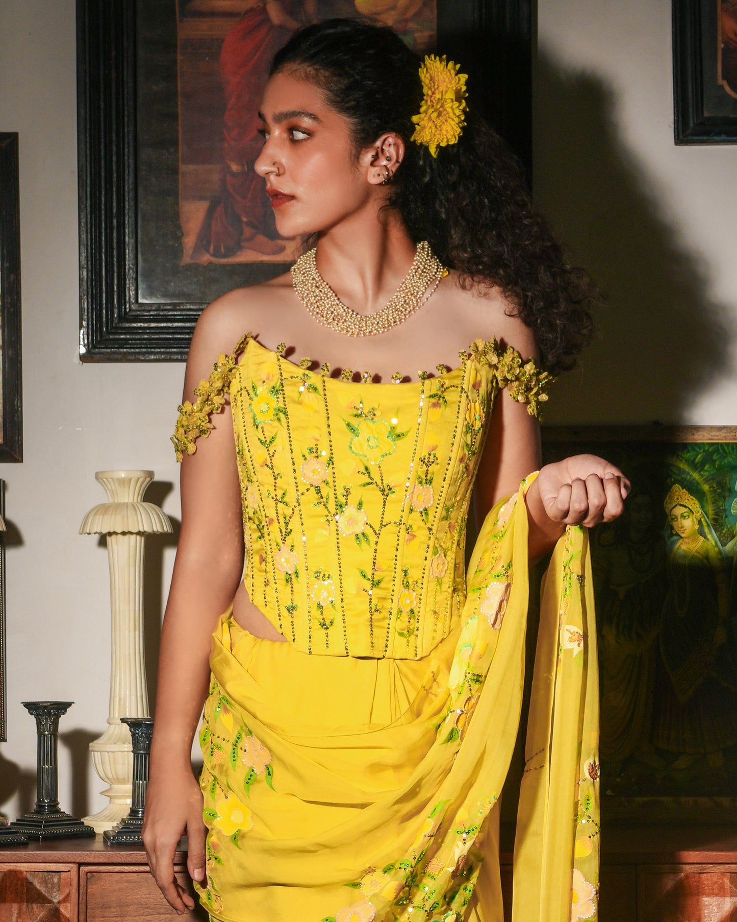 Woman in a yellow floral dress with jewelry, standing indoors.

Baavli luxury designer store, New Delhi.
Indian wedding, lehenge, Bride, Indian bride, bridesmaid, Suit sets, Kaftan, sharara, jacket, kurta.
baavli launching its new collection, Hand painted, hand embroidered, Designer Label

Luxury, expensive, New Delhi. India, Kolkata, Chennai, Hyderabad. Business class Classy, southernly, elegant women. Elite class.