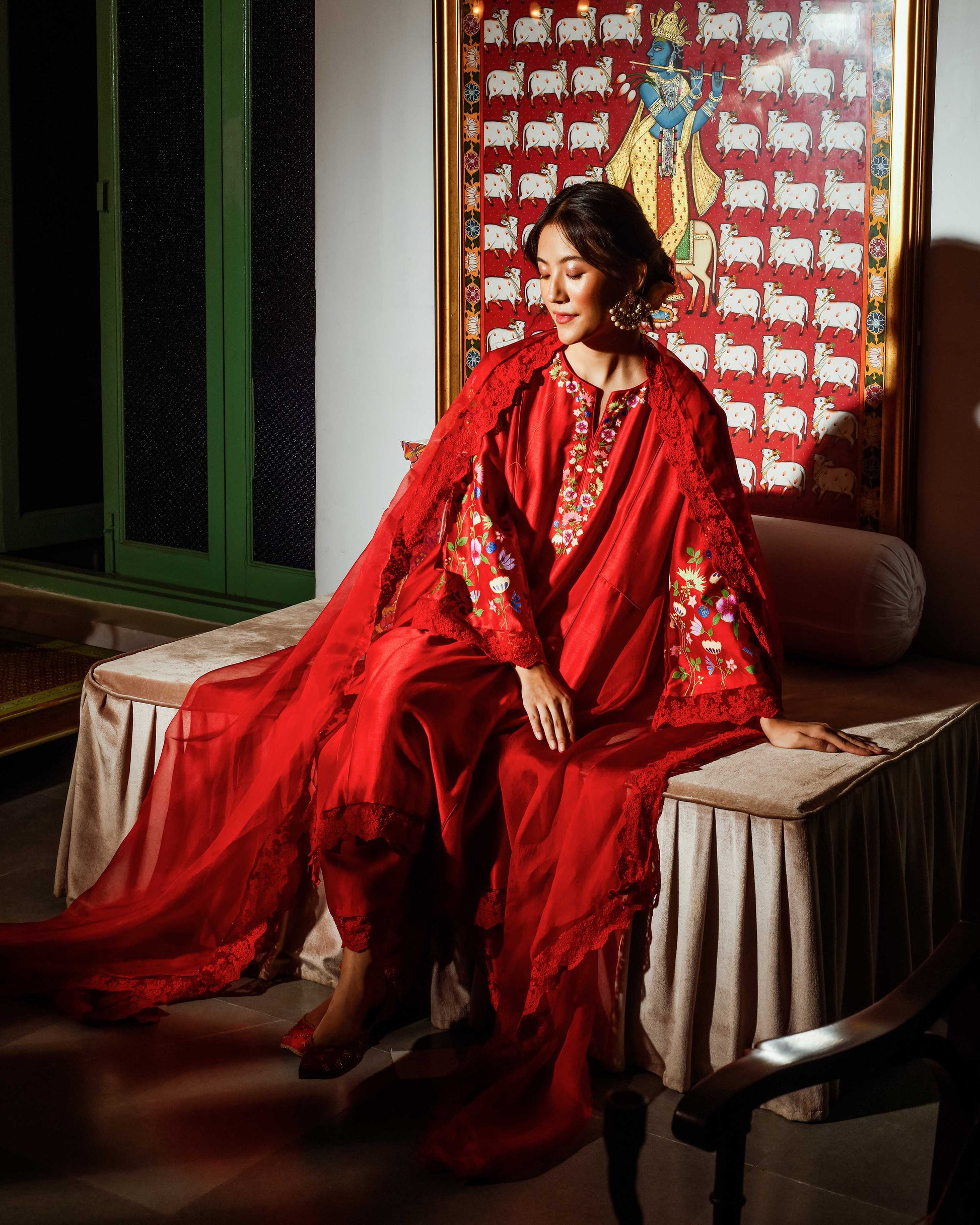 Baavli luxury designer store at Khan Market, New Delhi.
Indian wedding, lehenge, Bride, Indian bride, bridesmaid, Suit sets, Kaftan, sharara, jacket, kurta.
baavli launching its new collection, Shringar, Red suit set, Laila.