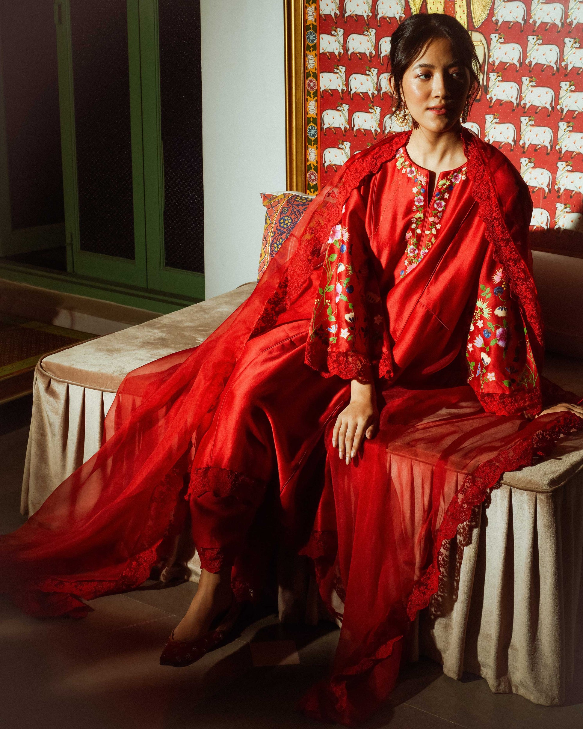 Baavli luxury designer store at Khan Market, New Delhi.
Indian wedding, lehenge, Bride, Indian bride, bridesmaid, Suit sets, Kaftan, sharara, jacket, kurta.
baavli launching its new collection, Shringar, Red suit set, Laila.