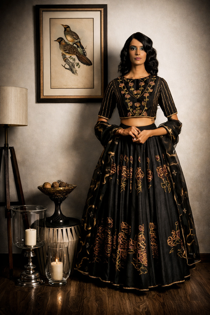 Woman in a black and gold traditional outfit standing in a room with decor elements.

Designer lehenga sets online shopping
Hand-embroidered lehenga for weddings
Luxury lehenga online India
Designer skirt sets with jacket
Lehenga with cape sets
Pre-draped lehenga sets
Mirror work lehenga
Organic fabric lehenga
Minimalist designer lehenga
Luxury lehenga Delhi 